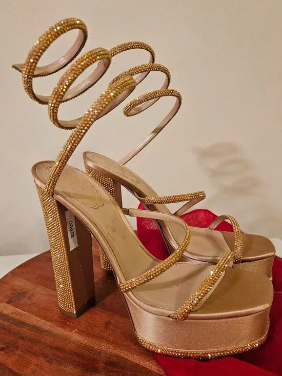 Rene Caovilla 38.5 Cleo Gold Platform Crystal Wrap Strap Sandal Block Heel Pump - Picture 1 of 12